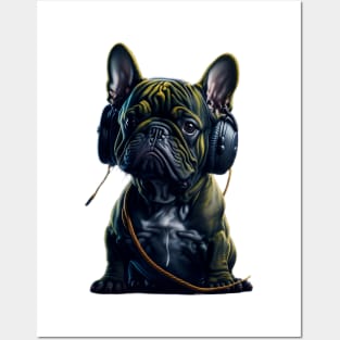 Cute french bulldog listening music Posters and Art